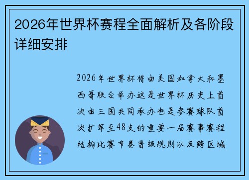 2026年世界杯赛程全面解析及各阶段详细安排 2026年世界杯赛程全面解析及各阶段详细安排